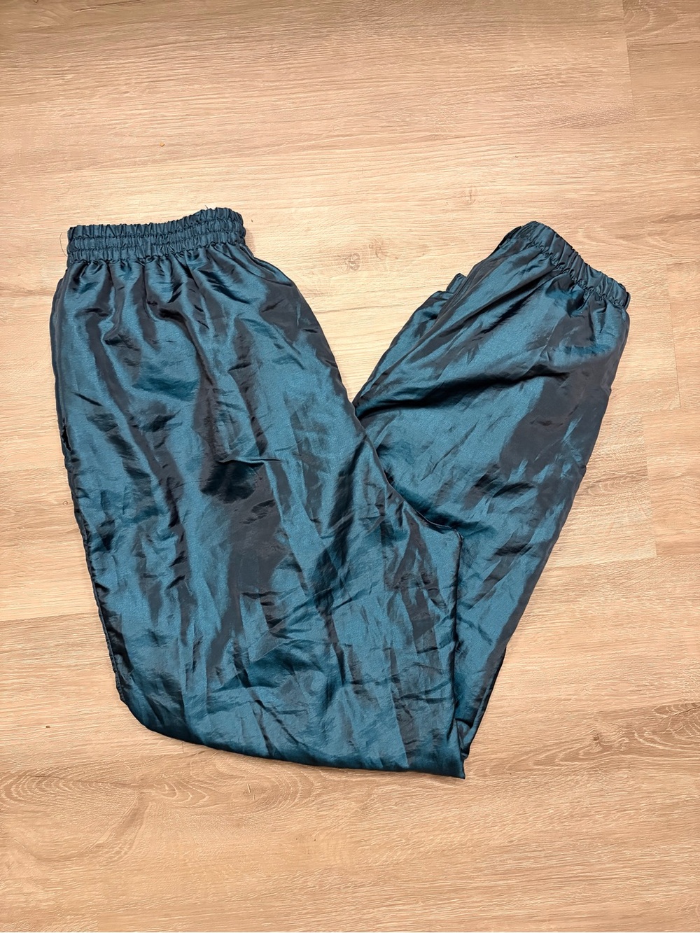 Vintage 90s Teal Shiny Nylon Track Pants XL Zip Ankle Windbreaker Baggy